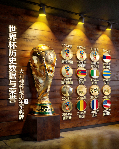 世界杯历史数据与荣誉展示墙 - 大力神杯与历年冠军奖牌